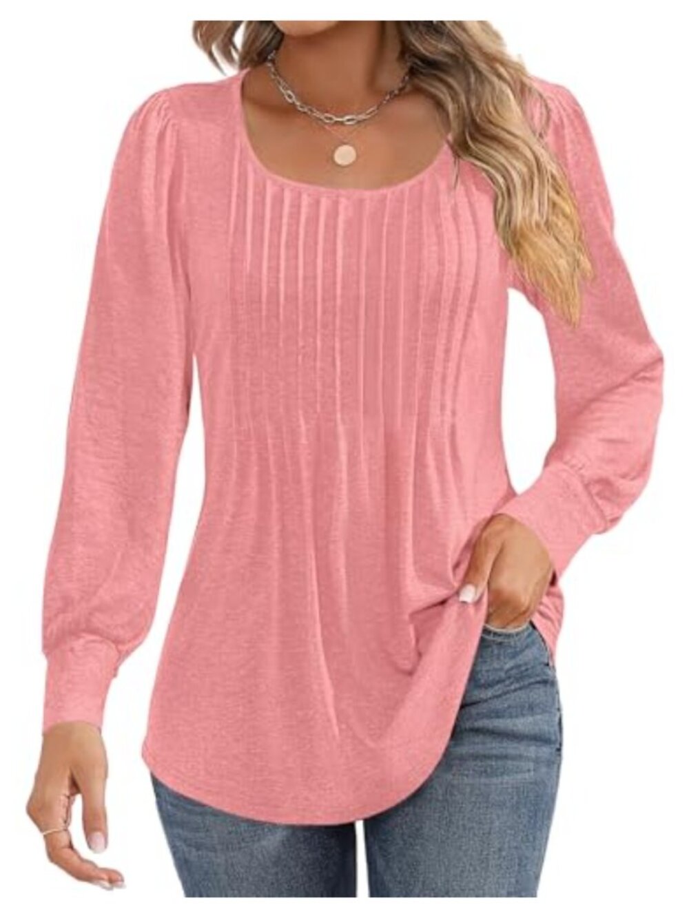 Women Puff Long Sleeve Pleated Boho Tunic Top Blouse Dressy